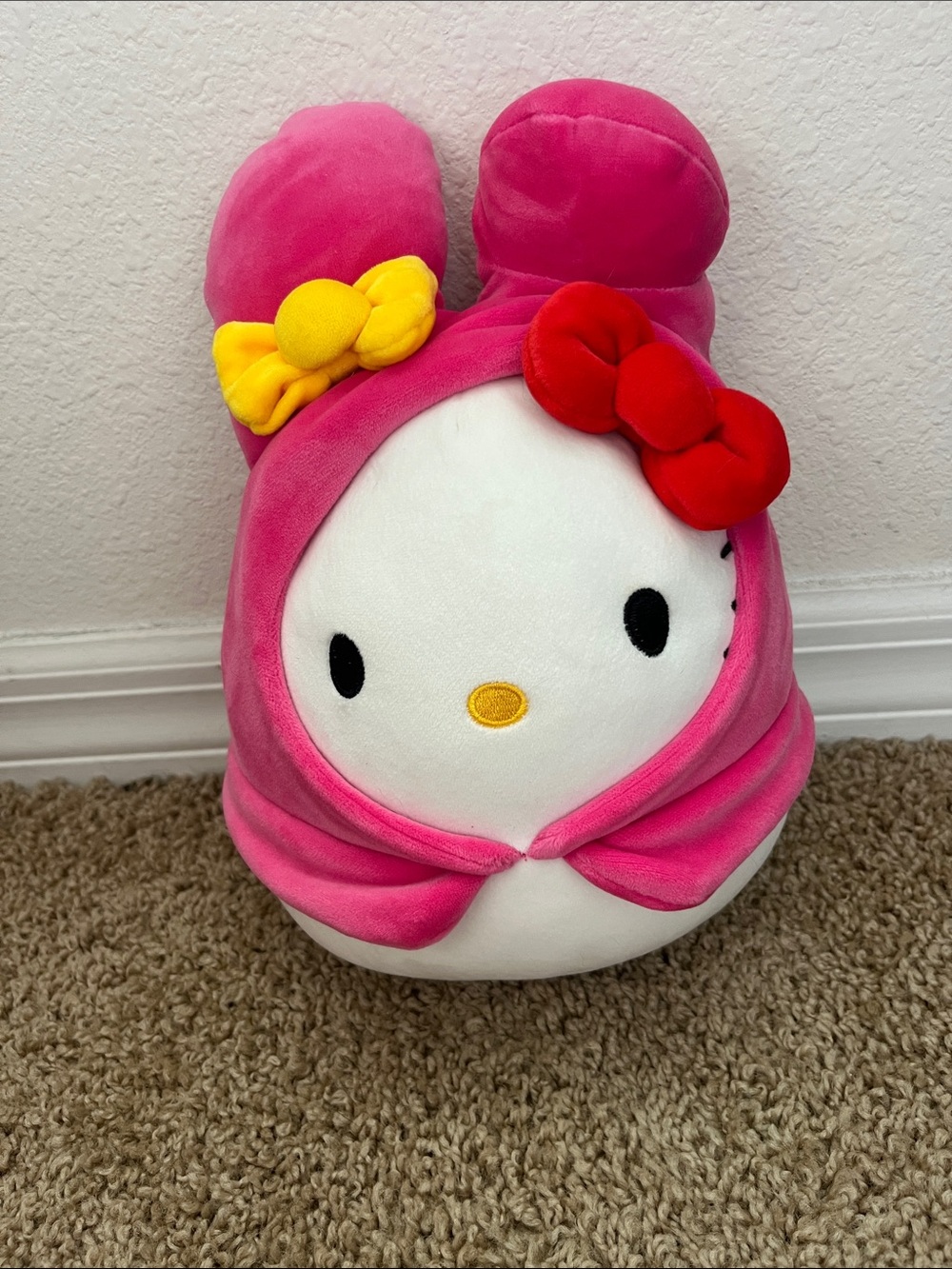 Sanrio Hello Kitty Plush in Bright Pink Hood with Red & Yellow Bows